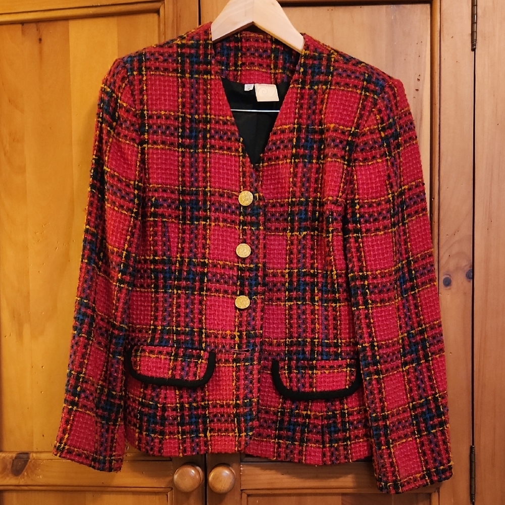 Chic Red Plaid Women's Blazer with Gold Buttons